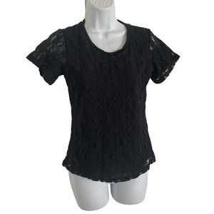 Vintage Cinema Etoile Black Lace Top Women Size S Short Sleeve Sheer Shirt Y2K